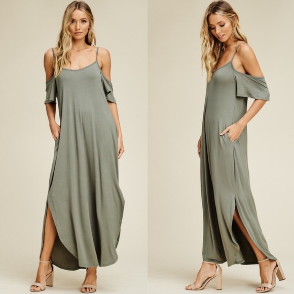 Bellanblue Dresses & Skirts - RILEY Cold Shoulder Maxi Dress - LIGHT OLIVE Bellanblue Dresses & Skirts - RILEY Cold Shoulder Maxi Dress - LIGHT OLIVE